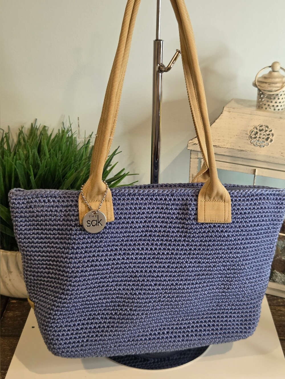 The Sak Blue Woven Tote with Tan Handles